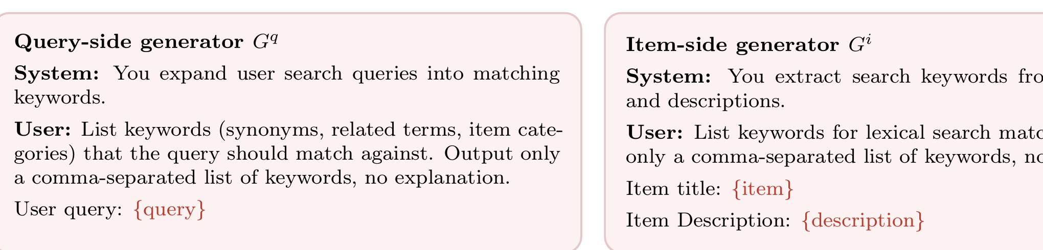 Figure 5:查询侧与物品侧生成器 prompt