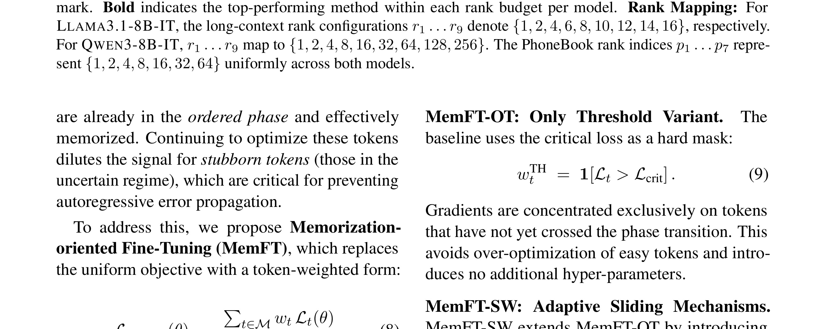 Table 2：Table 2: Performance evaluation in the Long-Context Memorization Stress Test and the PhoneBook bench-