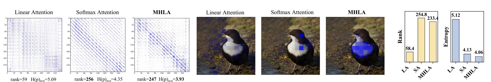 Figure 3:线性注意力、softmax attention 与 MHLA 的注意力图、秩和熵